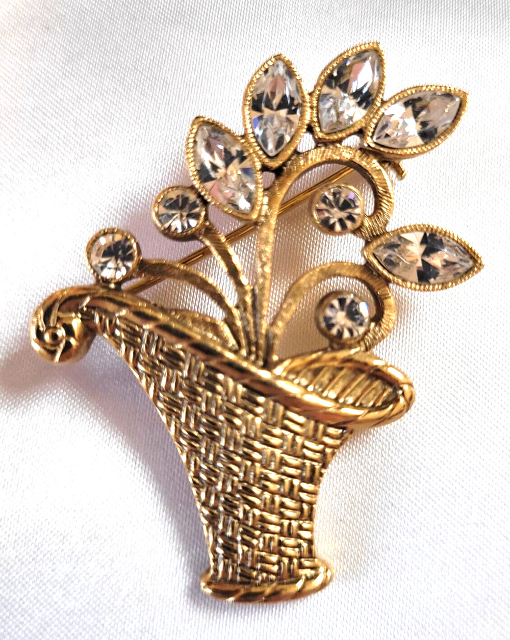 1928 Brand Brooch Basket Flowers AB Rhinestones Goldtone Retro Pin Easter Spring